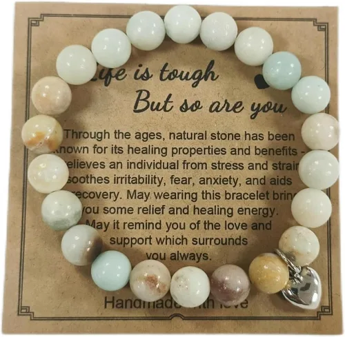 Vista 4 de Pingyongchang Pulsera elástica con cuentas de piedras naturales, con forma de corazón, ajustable, hecha a mano, trenzada, para mujeres, niñas
