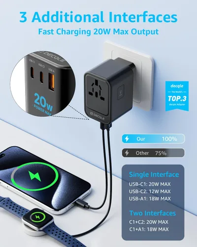 Vista 3 de Adaptador de viaje universal, 2 USB-C y 1 USB-A, cubre más de 200 Negro