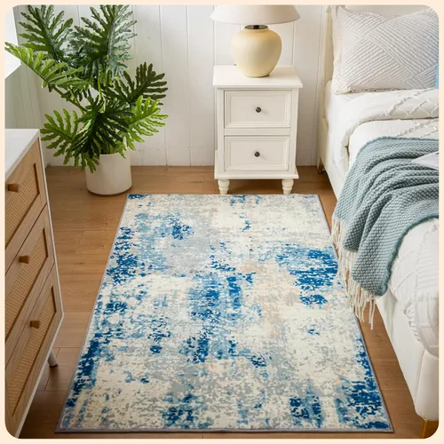 Vista 373 de Istana Alfombra larga antideslizante de 2.5 x 8 para el hogar, para pasillo y cocina, lavable, sedosa y suave al tacto, elegante, color azul y marfil