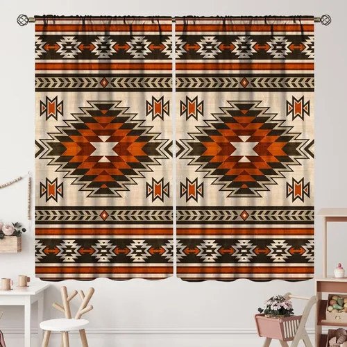 Vista 45 de Cortinas con patrón geométrico tribal, estilo suroeste, azteca, rústico, occidental, nativo americano, opacas, con bolsillo para barra, decoración