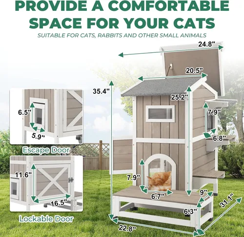 Vista 2 de Casa para gatos al aire libre resistente a la intemperie, casa de madera para gatos de dos pisos con techo que se puede abrir, 4 puertas, balcón