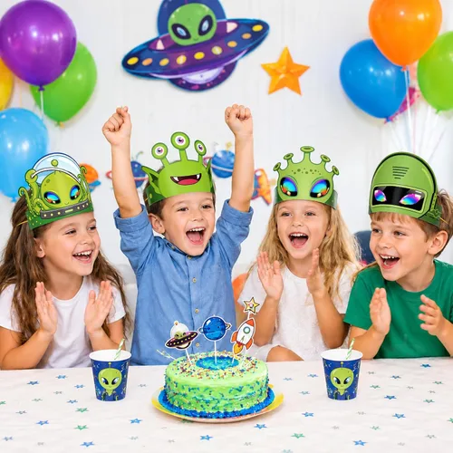 Vista 6 de WERNNSAI 12 coronas de fiesta de cumpleaños para niños, coronas de papel Alien