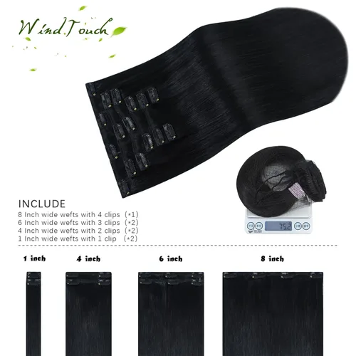 Vista 3 de WindTouch - Extensiones de cabello humano liso con pinzas, color negro azabache, 2.47 onzas, N.° 1, 12 pulgadas, 7