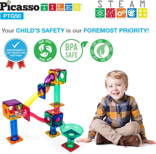 Vista 3 de PicassoTiles 50 piezas de pista de carreras de canicas + 4 bolas translúcidas con luces LED que brillan en la oscuridad: juego educativo STEAM