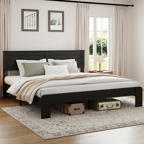 Vista 10 de Base de cama completa de madera con cabecera, base de cama de plataforma rústica de granja con soporte de 12 listones de madera, no necesita somier