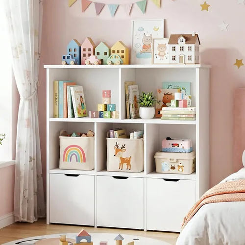 Vista 8 de Teckid Organizador de almacenamiento de juguetes con 3 cajones móviles y 5 cubos abiertos, estantería para niños y armario de almacenamiento