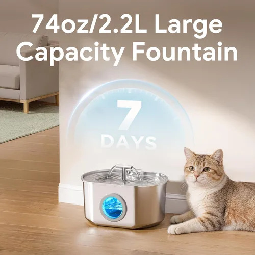 Vista 2 de Fuente de agua para gatos de acero inoxidable - Fuente de agua para mascotas para gatos en interiores - Dispensador automático de agua de 2.2L/74oz