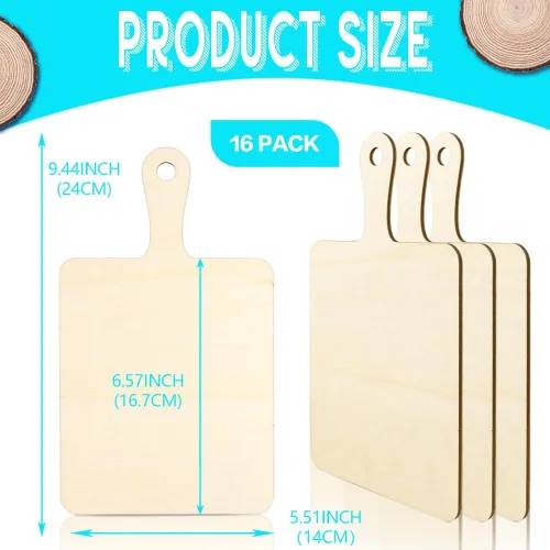 Vista 2 de Vmiapxo Paquete de 16 Tablas de Cortar de Madera Sin Terminar para Manualidades con Mango, Juego de Tablas de Paleta de Madera para Queso y Pan