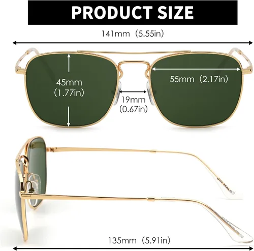 Vista 6 de JIM HALO Gafas de sol de aviador cuadradas retro con lente de vidrio de alta calidad, gafas planas de metal para hombres y mujeres