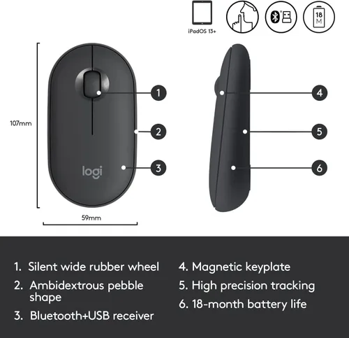 Vista 5 de Logitech Pebble i345 Ratón inalámbrico Bluetooth para iPad - Grafito