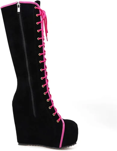 Vista 4 de Bellirala Botas de plataforma de cuña oculta hasta la rodilla con cordones y cremallera para mujer