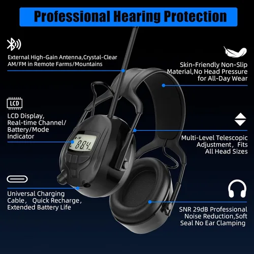 Vista 7 de Gardtech Protección auditiva Bluetooth 5.3 AM/FM, orejeras de seguridad SNR de 29 dB con pantalla digital, auriculares recargables con cancelación