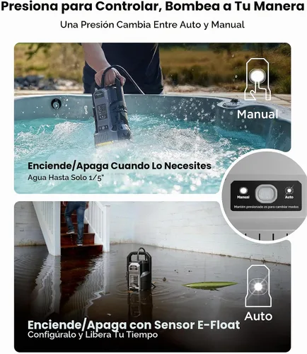 Vista 2 de InoKraft E-Float Bomba de sumidero automática de 1/2 HP, bomba de agua sumergible de 2500 GPH con modo automático/manual, bolsa de malla