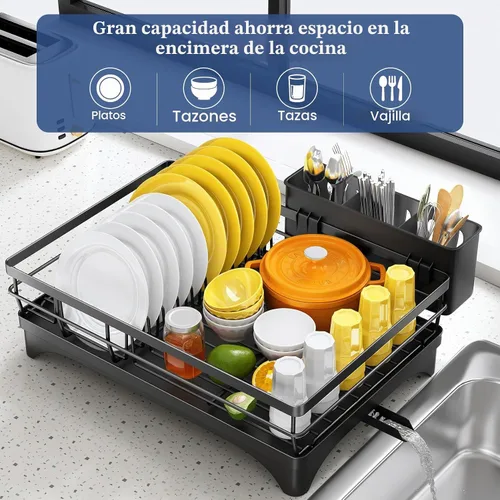 Vista 2 de SNTD Escurridor de platos para encimera de cocina - Escurridor grande con bandeja de drenaje, escurridor de platos a prueba de óxido con soporte