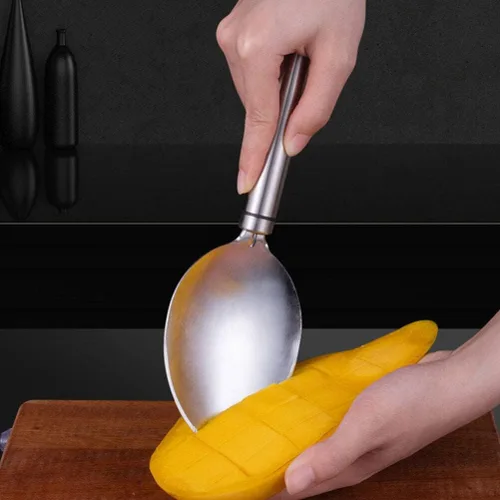 Vista 2 de Alipis Herramientas de preparación de mango, cuchara de acero inoxidable para cortar mango con mango antideslizante, divisor de frutas, cortador