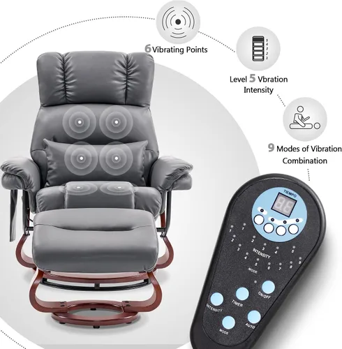 Vista 5 de MCombo Sillones reclinables giratorios con otomana, sillas reclinables de TV con masaje por vibración, silla ergonómica de piel sintética para sala
