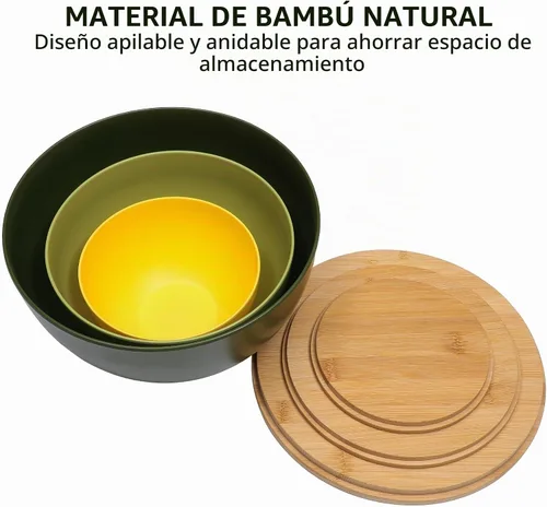 Vista 4 de ECOWAY Juego de 3 cuencos de ensalada con tapas de bambú, juego de tazones de mezcla, cuencos anidables para almacenamiento de ahorro de espacio 3