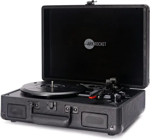 Vista 2 de Arkrocket Curiosity II Tocadiscos Bluetooth Retro de maleta de 3 velocidades con bocinas integradas y cartucho de imán móvil (Negro)