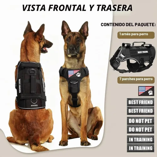 Vista 2 de Arnés táctico para perro, de tamaño mediano, con hebillas de metal, malla de aire transpirable, arnés militar Molle con 3 asas duraderas para Negro