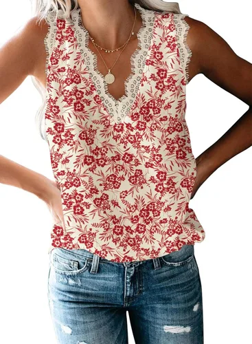 Vista 59 de VIISHOW - Camiseta sin mangas, sexy, con cuello en V y bordes de encaje para mujer, camisola de vestir, camisas de gasa, sin mangas, casuales