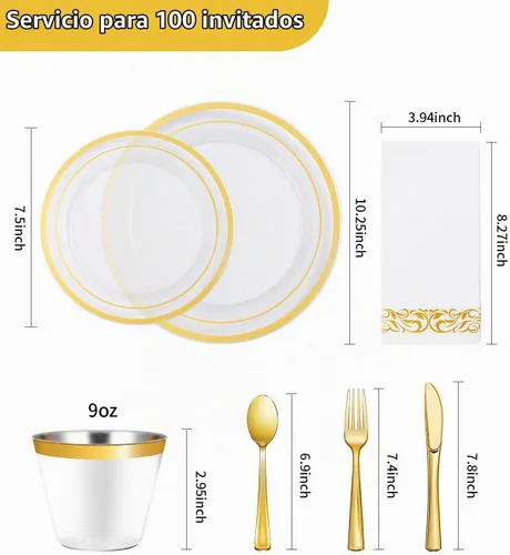 Vista 2 de Juego de vajilla dorada transparente de 700 piezas para 100 invitados, desechable para fiestas, incluye: 100 platos llanos de borde dorado, 100