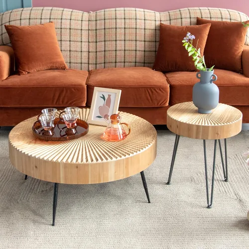 Vista 3 de Juego de mesa de centro estilo granja de 2 piezas, redonda con patrón radial de madera artesanal, juego de mesa de café moderna para sala de estar