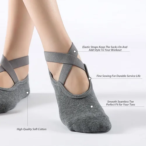Vista 3 de SpringPlus 3 pares de calcetines de yoga para mujer con agarre antideslizante, pilates, barra, yoga, embarazo, baile, entrenamiento descalzo