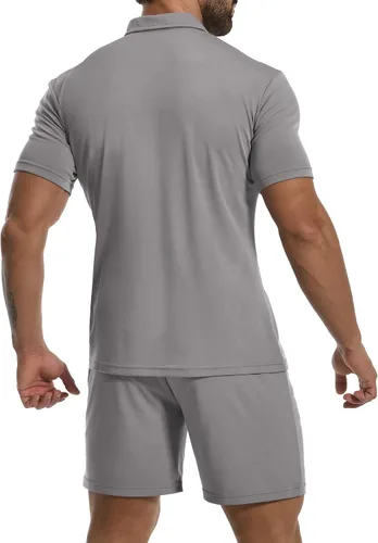 Vista 3 de YTD Conjunto de camisa polo y pantalones cortos casuales de manga corta para hombre, conjunto de dos piezas de verano con cremallera para hombre