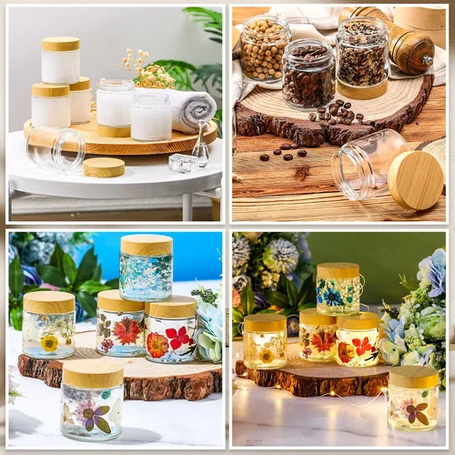 Vista 5 de Norme 120 tarros de vidrio de 4 onzas con tapas, recipientes de vidrio vacíos con tapas de grano de madera y revestimientos interiores