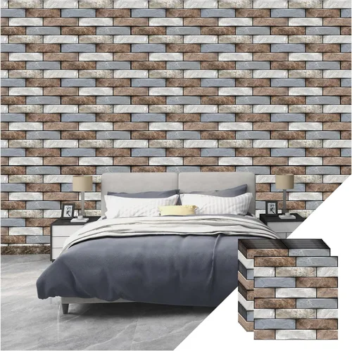 Vista 4 de Paneles de pared 3D para despegar y pegar, panel de pared de ladrillo sintético, 10 unidades de 11.8 x 11.8 in de espuma de PVC autoadhesivo