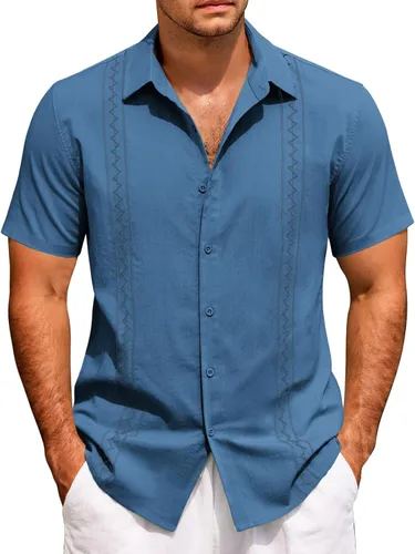 Vista 12 de Camisas de manga corta para hombre, estilo cubano, casual, con botones, para verano, para bolos, holgadas, hawaianas, para vacaciones en la playa