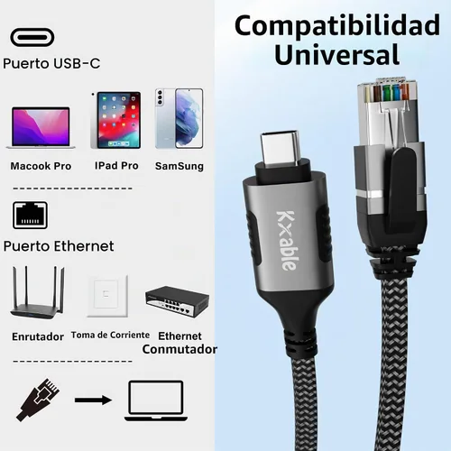 Vista 7 de Cable USB C a Ethernet plano de 4 pies, cable RJ45 a USB tipo C, conectado directamente, red LAN Gigabit, OFC, para MacBook Pro, iPad Pro, iPhone
