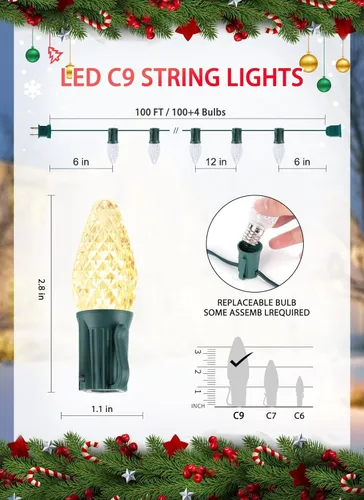Vista 5 de Minetom Guirnalda de luces de Navidad C9, luces LED comerciales de Navidad para exteriores de 100 pies con 100 bombillas C9 de fresa, impermeables