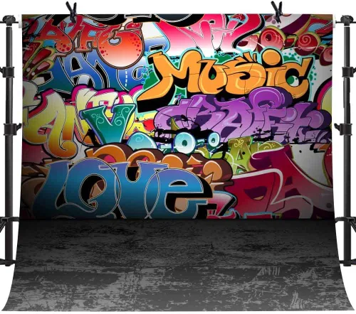 Vista 9 de Telones de fondo de fotografía de graffiti de 5 x 3 pies, colorido hip hop urbano temática sesión de fotos de regreso a la fiesta temática
