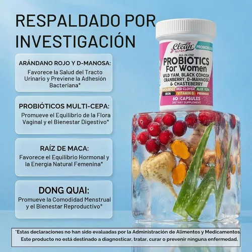 Vista 11 de Clean Nutraceuticals Probióticos para mujeres con D manosa, extracto de arándano, ñame silvestre, chasteberry – 20 cepas probióticas y prebióticas