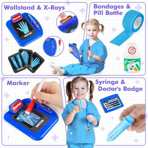 Vista 3 de IVENRXIU Kit de médico para niños, 17 piezas de juego médico con bolsa y disfraz para niños pequeños de 3 a 5 años, juguetes de juego de simulación