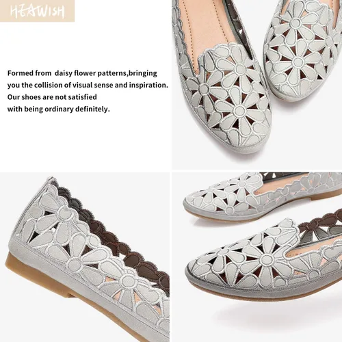 Vista 3 de HEAWISH - Zapatos planos para mujer estilo ballet, con diseño floral, piel sintética, punta redonda, calzado elegante, color negro y beige