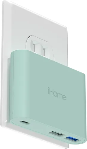 Vista 10 de iHome Bloque de cargador de pared multipuerto de 32 W, 3 puertos, 1 USB-C, 2 USB-A Fast Charging, Power Delivery, Foldable Prongs, Slim Flat