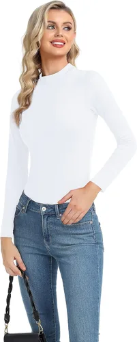 Vista 4 de Camiseta térmica básica de manga larga para mujer, ligera, con cuello alto falso, ajustada, capa suave