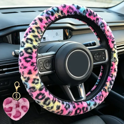 Vista 14 de Funda de volante de leopardo con llavero, protector de volante de piel elástica y mullida, guepardo, accesorios de automóvil para mujeres y niñas