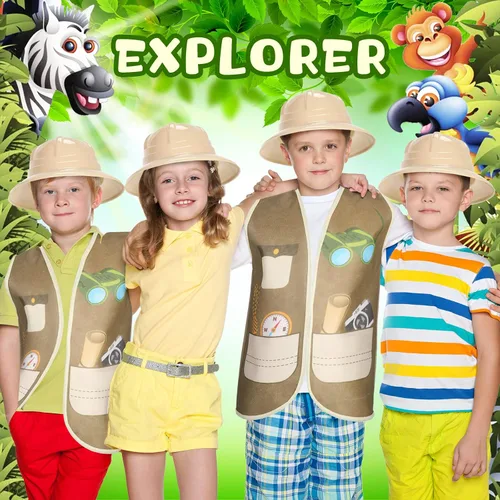 Vista 2 de Coume 12 sombreros de safari y chaleco, disfraz de safari incluye 6 sombreros de explorador de plástico y 6 chalecos de selva, suministros de fiesta