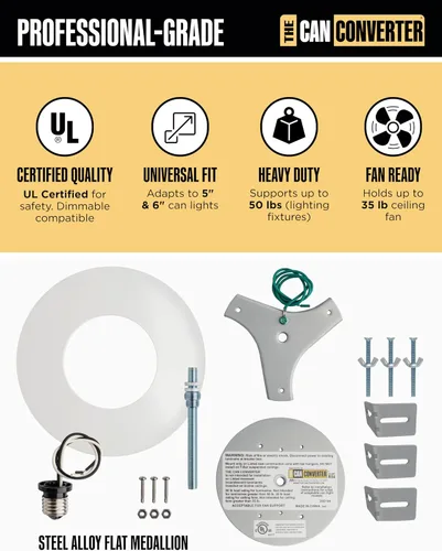 Vista 3 de The Can Converter R56 Kit de Conversión de Luz Empotrada en Lata con Medallón de Techo de Acero Plano de 7"¾ - Mejoras para el Hogar para Latas