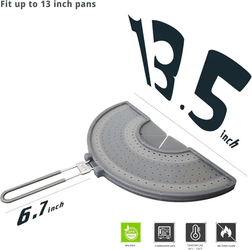 Vista 2 de Pantalla plegable para salpicaduras con mango para sartenes de 10-13", silicona, sin BPA, Agarre resistente al calor, cubierta de sartén que
