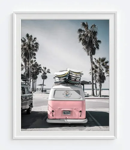 Vista 4 de Impresiones fotográficas temáticas de playa rosa, juego de 3, sin marco, soporte de salvavidas costero, furgoneta, flamenco rosa, cartel decorativo