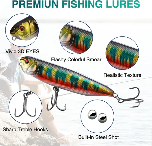 Vista 2 de FLISSA Juego de 5 señuelos de pesca de agua superior, señuelos de pesca de lubina para agua dulce y salada, señuelo duro realista, señuelo de pesca