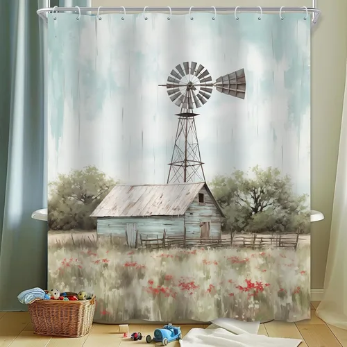 Vista 12 de Cortina de ducha de molino de viento, decoración rústica de baño, tela impermeable con ganchos, 36 x 72 pulgadas