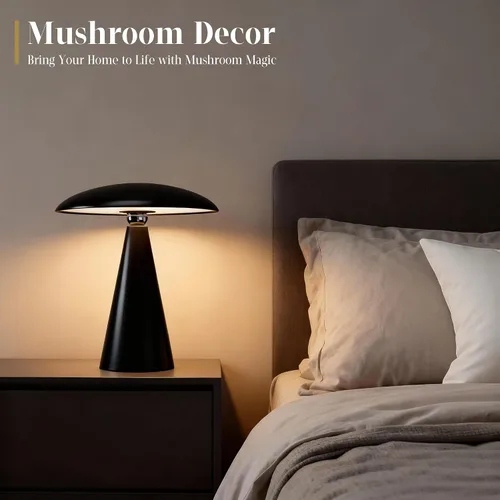 Vista 5 de Linda lámpara estética de hongos, moderna lámpara magnética de mediados de siglo con iluminación de 3 modos para decoración única de hongos del Negro
