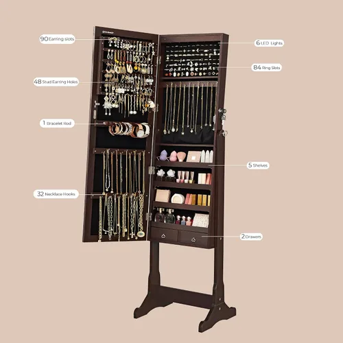 Vista 4 de SONGMICS - Armario de joyería con espejo y con 6luces LED, organizador de joyería de pie con espejo y con cerradura, 2cajones, color marrón UJJC94K