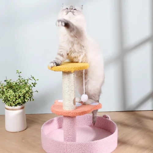 Vista 5 de Lindo árbol de gato de peluche decorativo para gatos, torre de dibujos animados, divertida plataforma de diversión, rascador de sisal natural