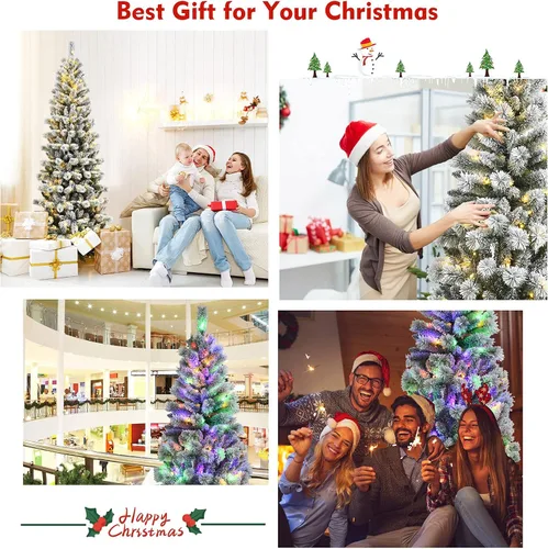 Vista 6 de DORTALA Árbol de Navidad artificial delgado preiluminado de 7.5 pies con copos de nieve, 693 puntas de rama, 300 luces LED blancas cálidas